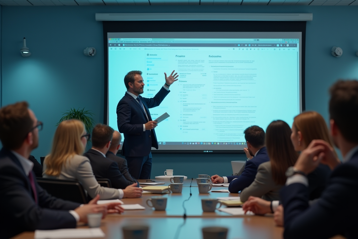 Adultes en formation écoutant un enseignant avec tableau numérique