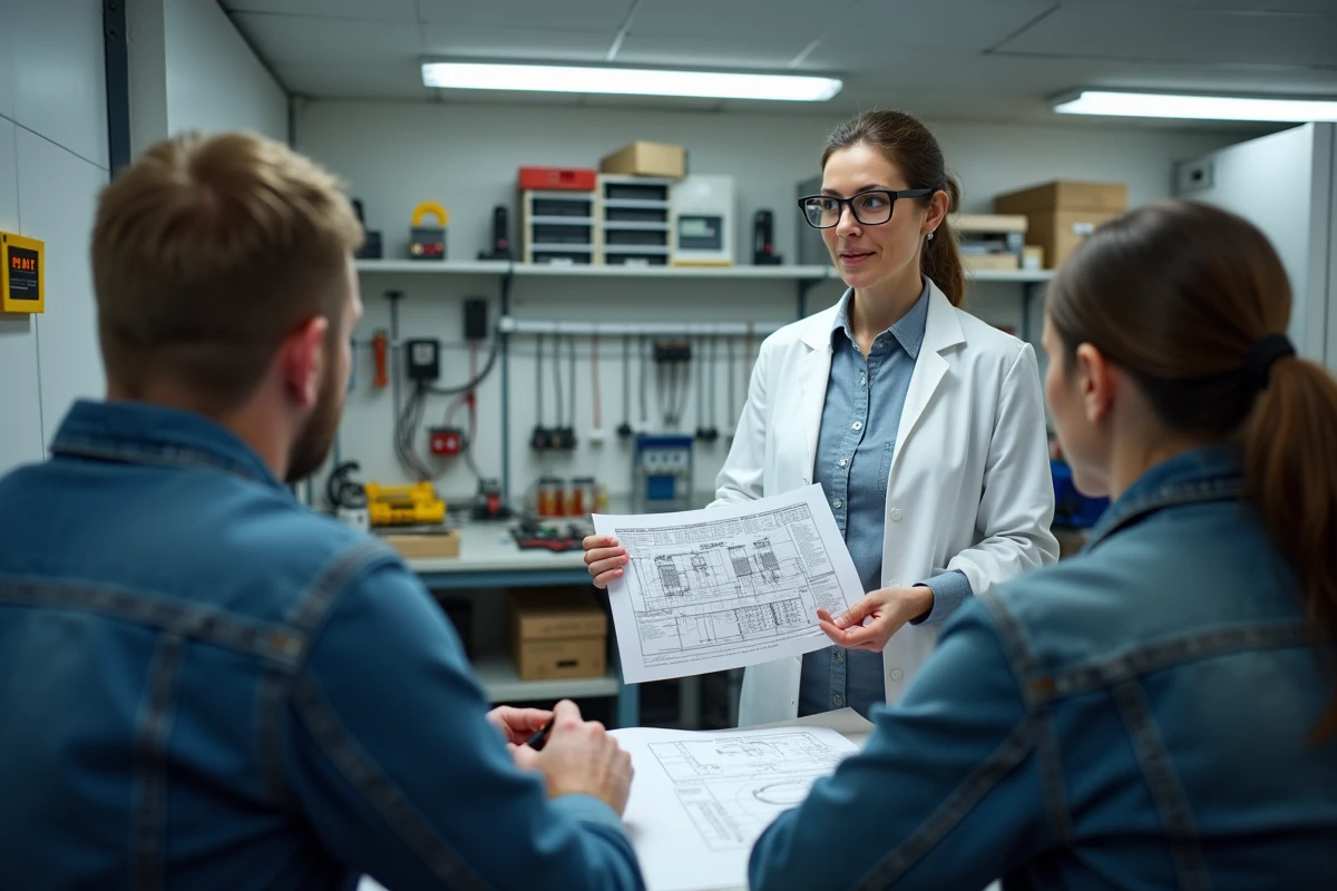 Formatrice en sécurité électrique expliquant un schéma de circuit à des stagiaires adultes en salle de travaux pratiques