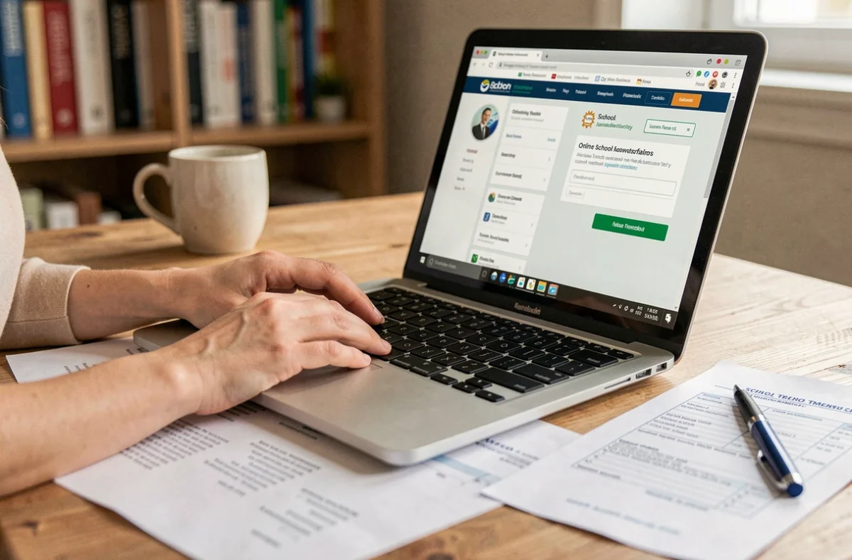 Mains d'une personne remplissant un formulaire de transfert de collège en ligne sur un ordinateur portable avec des documents imprimés sur un bureau