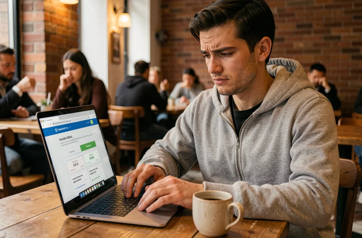 Freelance consultant les tarifs d'un abonnement IA dans un café urbain sur son ordinateur portable