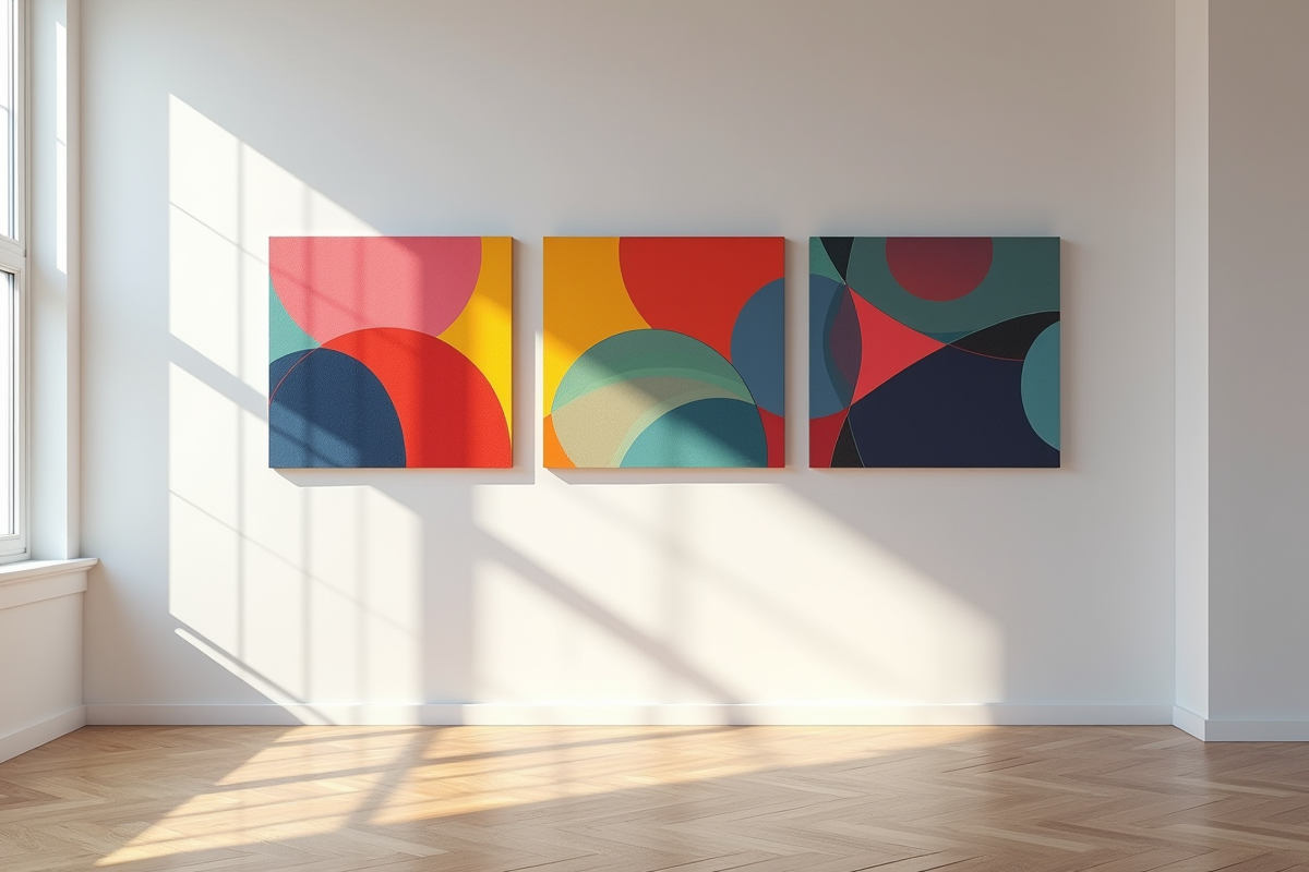Mur d'une galerie d'art moderne avec triptyque coloré