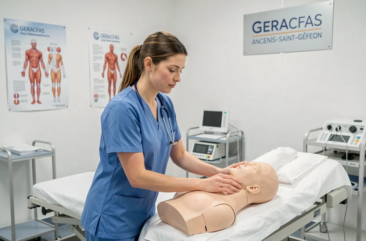Une stagiaire en soins infirmiers pratiquant sur mannequin au GERACFAS d'Ancenis-Saint-Géréon