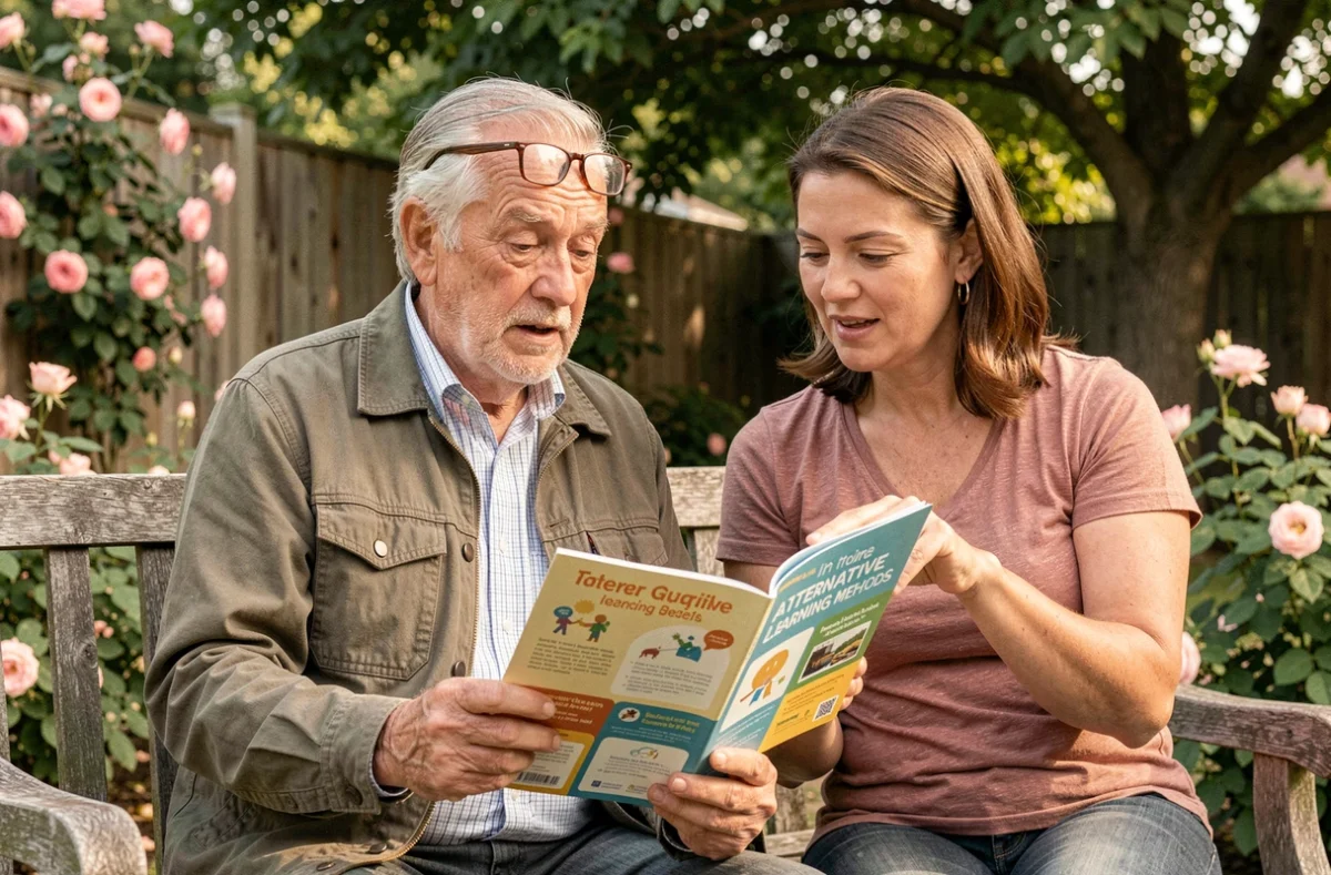Un grand-père et sa fille adulte examinent ensemble une brochure sur l'apprentissage alternatif dans un jardin, illustrant le dialogue intergénérationnel sur l'éducation