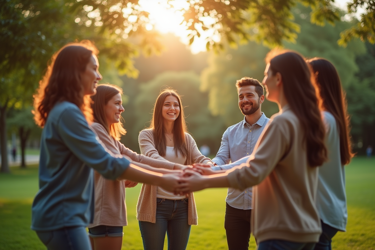 Groupe de personnes souriantes se tenant par la main dans un parc ensoleille