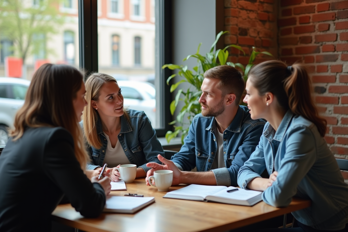 Groupe diversifié en coaching dans un café lumineux