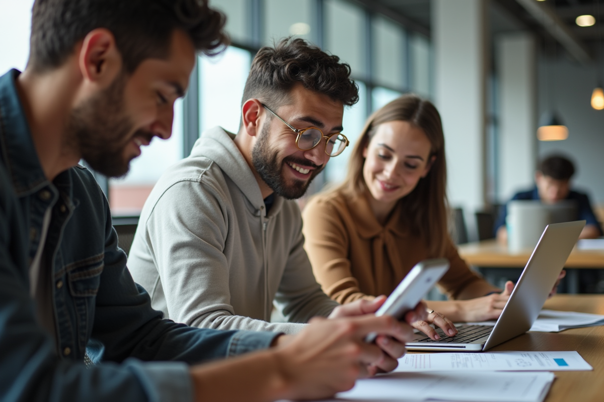 Groupe diversifié collaborant dans un espace de coworking lumineux