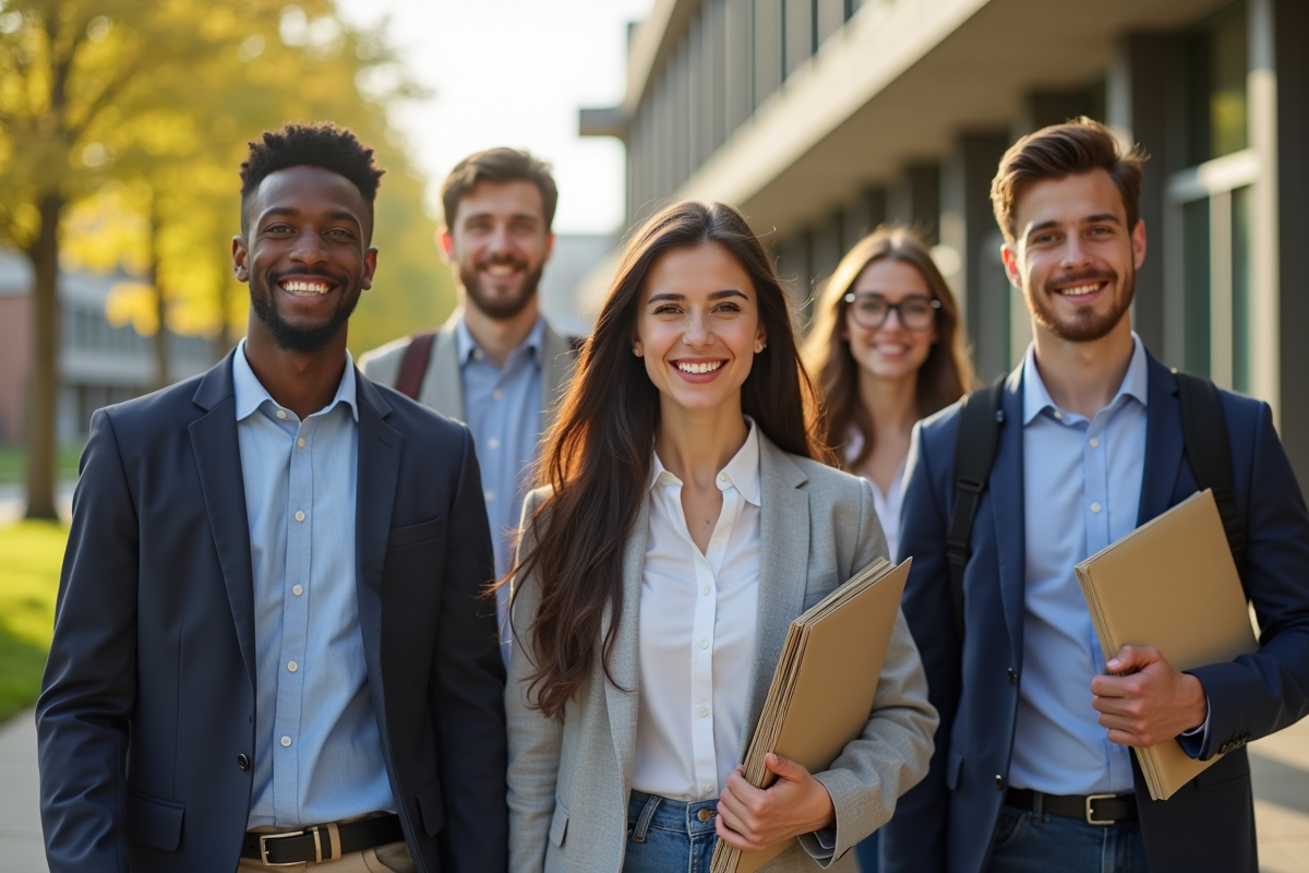 Groupe d étudiants souriants dehors avec dossier internship