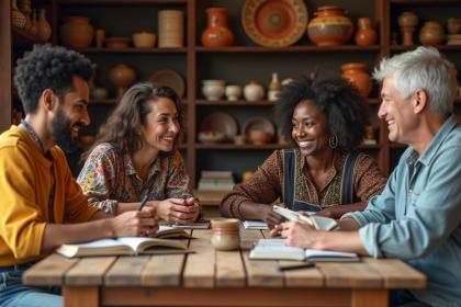 Groupe divers d'adultes autour d'une table en discussion
