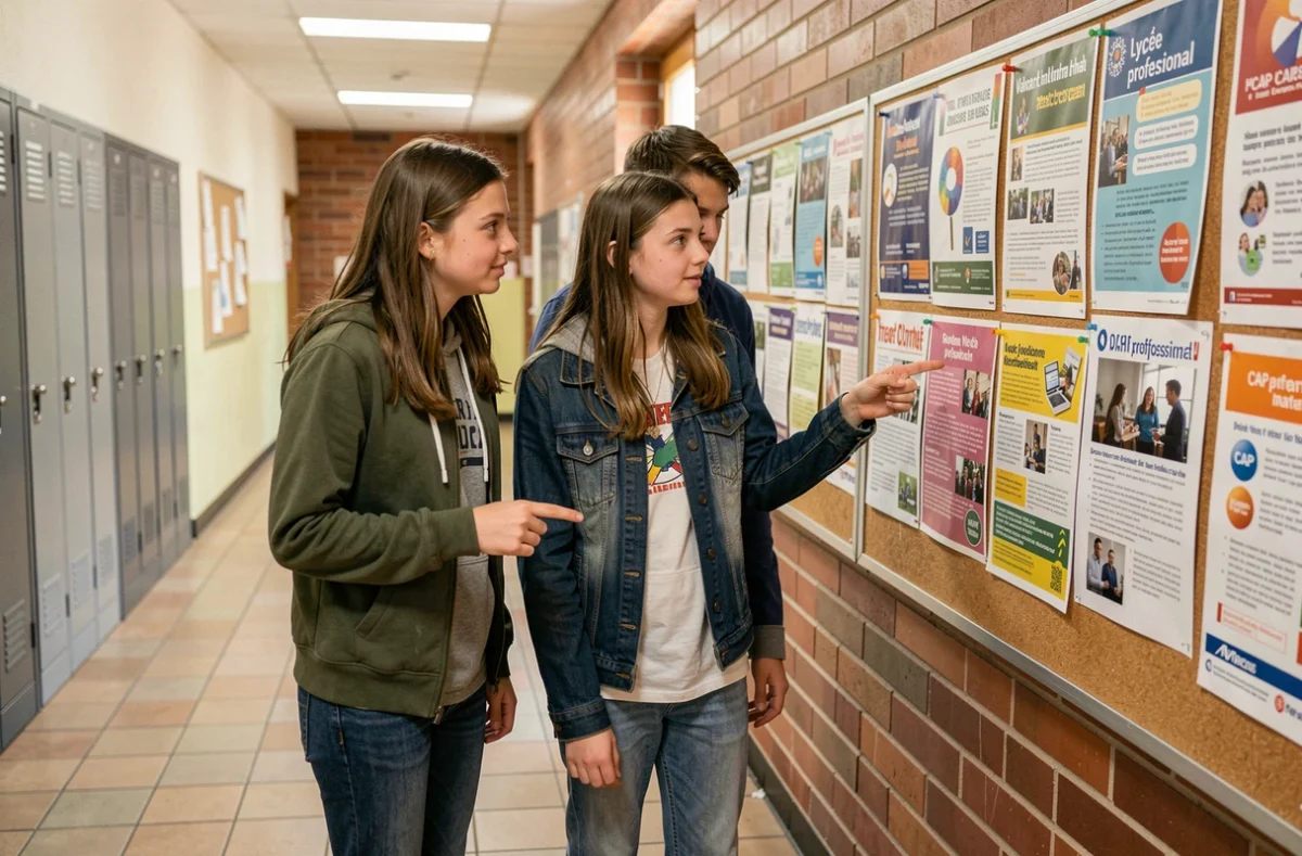 Groupe d'élèves ULIS consultant des affichages d'orientation professionnelle dans un couloir de collège