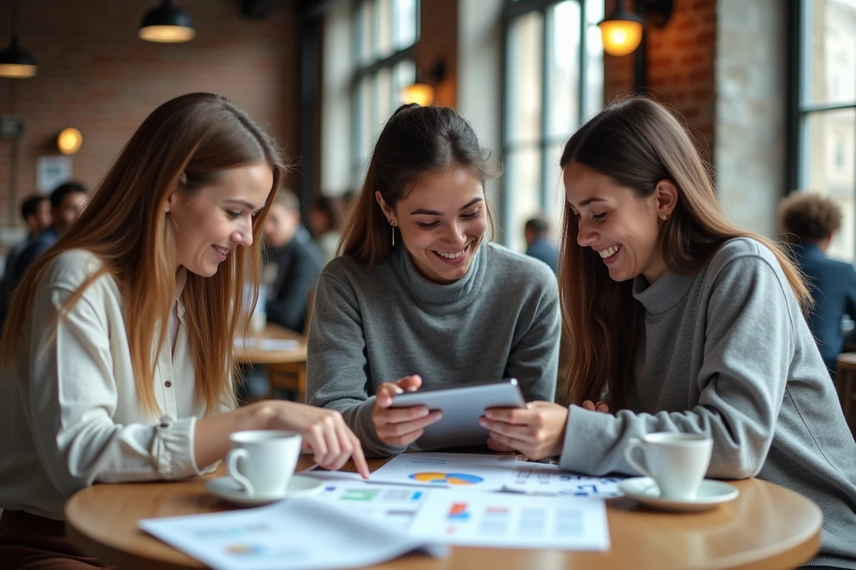 Groupe d'&eacute;tudiants en alternance marketing digital collaborant autour d'un projet dans un espace de coworking parisien