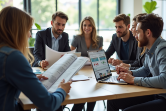 Groupe diversifié en formation autour d'une table lumineuse