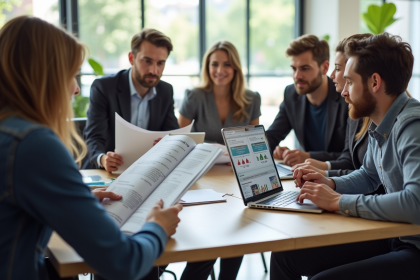 Groupe diversifié en formation autour d'une table lumineuse
