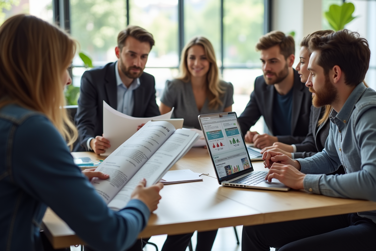 Groupe diversifié en formation autour d'une table lumineuse