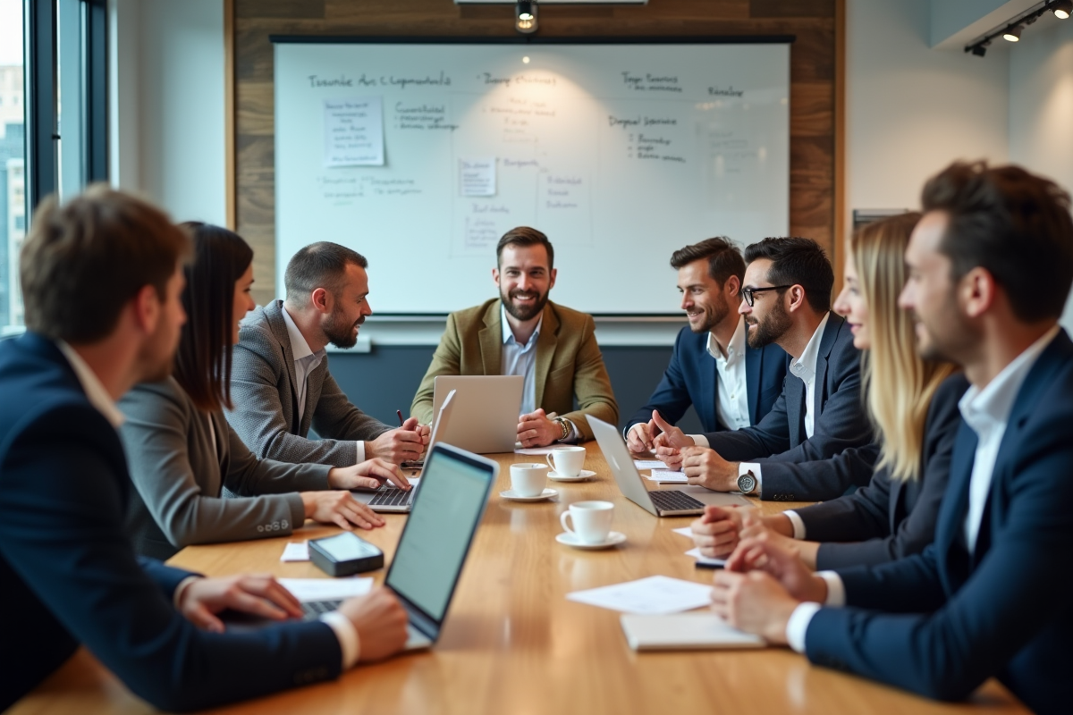 Groupe divers en formation dans une salle moderne
