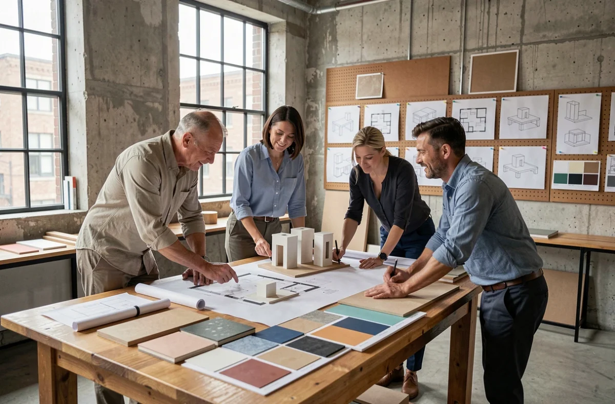 Groupe d'adultes en formation décoration intérieure travaillant ensemble sur des plans et des maquettes dans un atelier professionnel