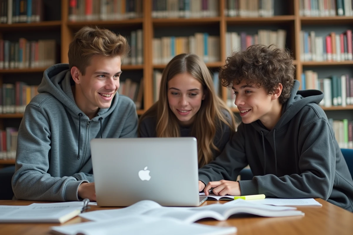 Groupe de lycéens travaillant ensemble sur leur projet professionnel et dossier Parcoursup en bibliothèque