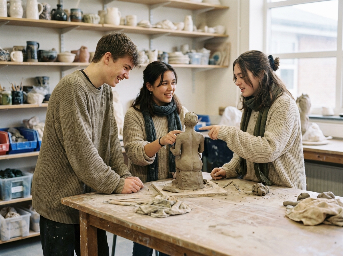 Groupe de lycéens collaborant autour d'une sculpture en argile dans un atelier de modelage d'école des métiers d'art