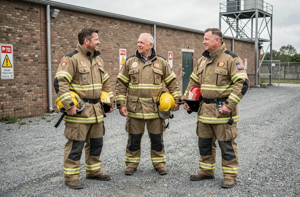 Groupe de pompiers avec différents grades discutant dans une cour d'entraînement