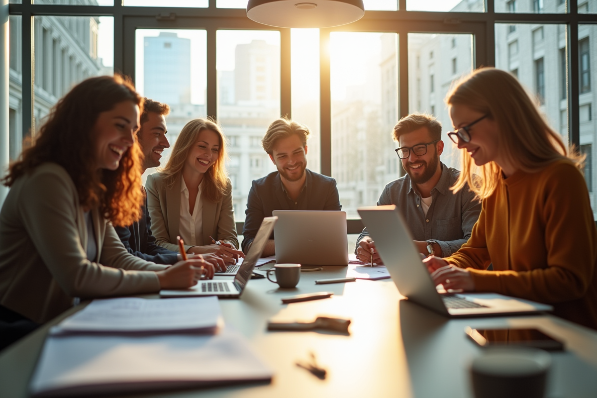 Groupe de jeunes professionnels collaborant en bureau lumineux