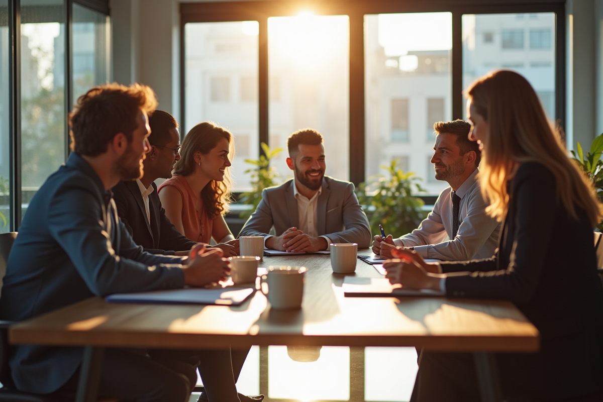 Groupe de professionnels en réunion dans un bureau lumineux