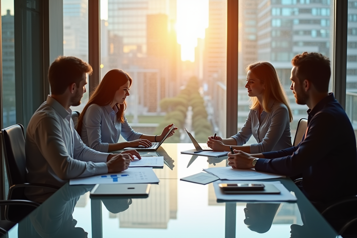 Groupe de professionnels discutant autour d'une table moderne