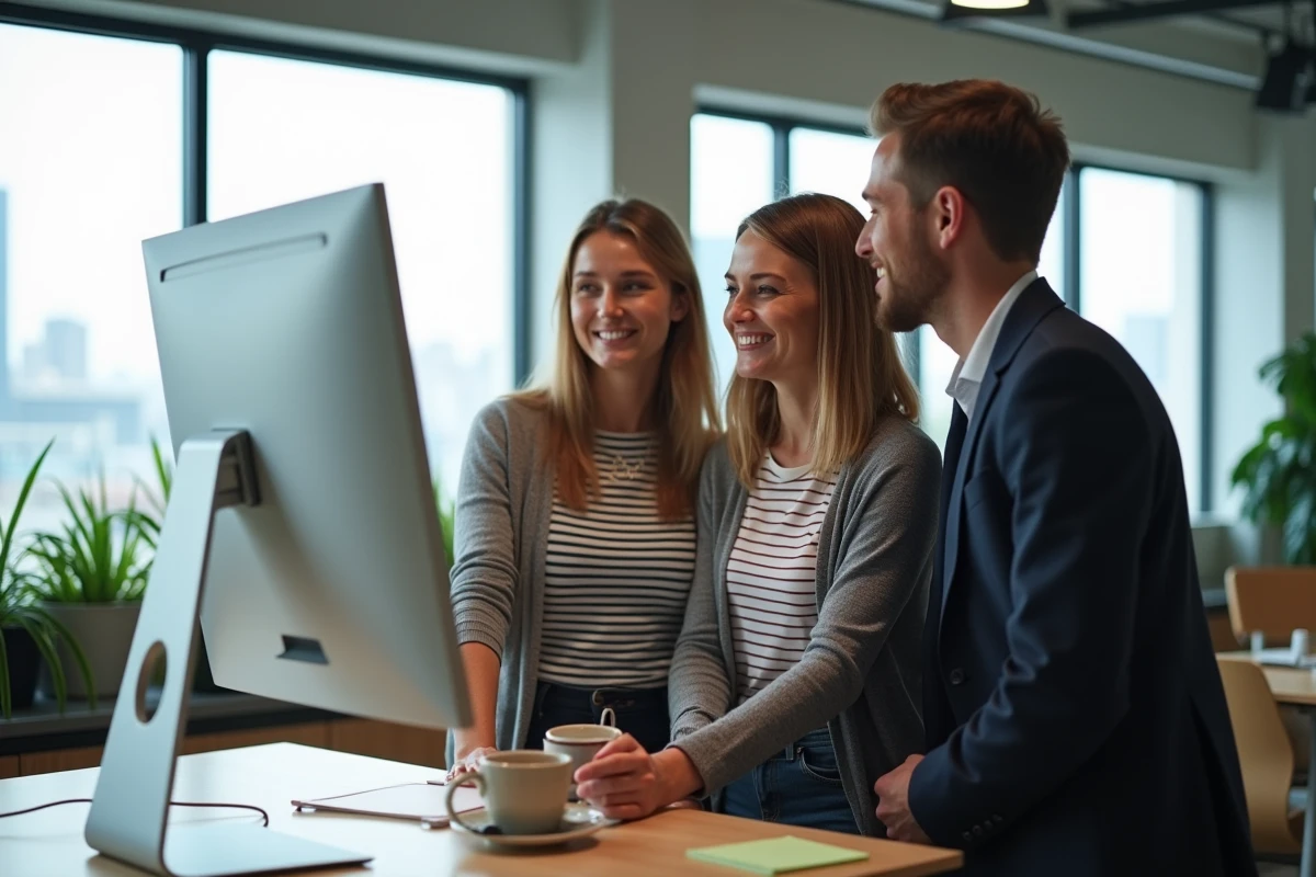 Groupe de professionnels collaborant dans un bureau moderne après une montée en compétences grâce à une formation qualifiante