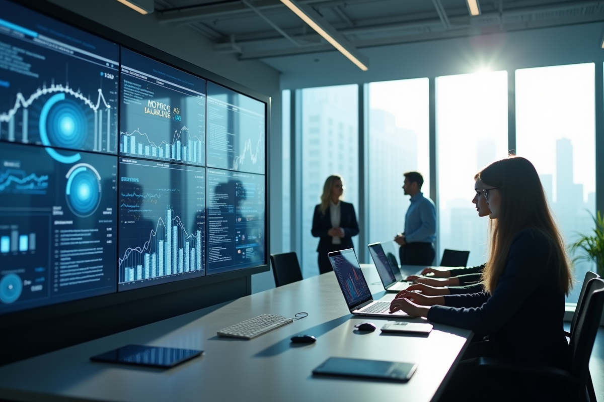 Groupe de jeunes professionnels dans un bureau futuriste