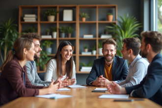 Groupe de six adultes en réunion de travail dans un bureau moderne