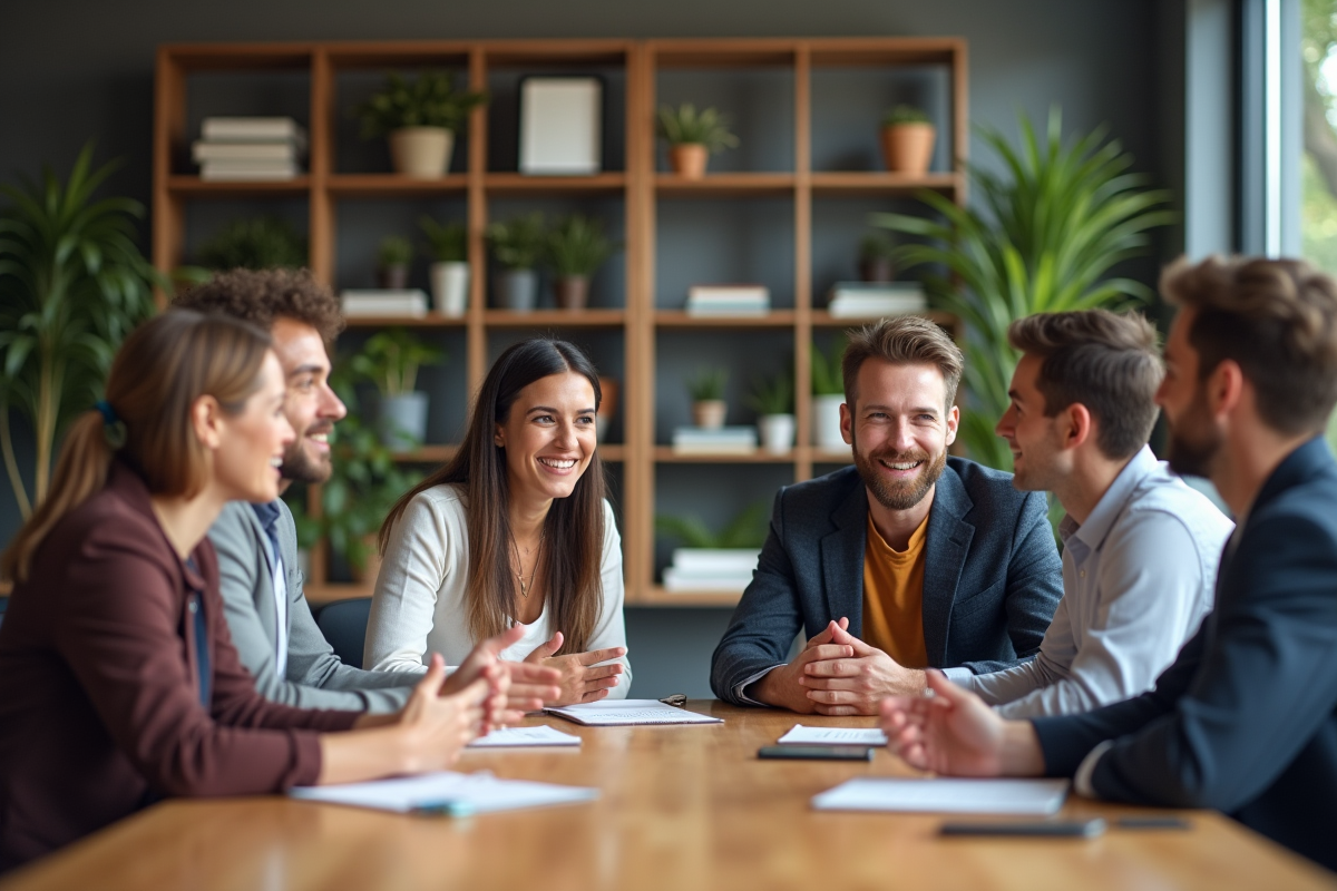 Groupe de six adultes en réunion de travail dans un bureau moderne