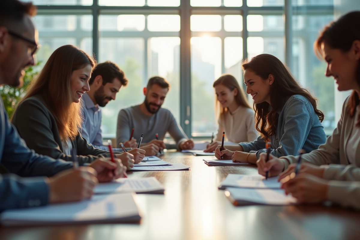 Groupe d'employes signant feuilles de presence et recevant des enveloppes