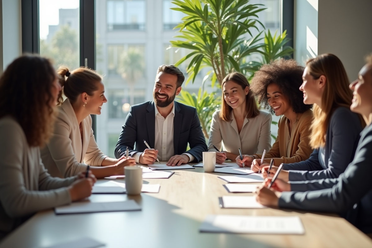Groupe de volontaires signant des documents dans un bureau lumineux