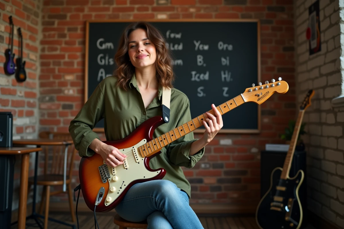 Guitariste féminine jouant un accord Gm sur guitare électrique dans une salle de répétition avec murs en briques