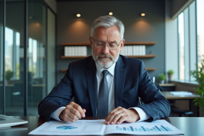 Homme d'affaires en blazer regardant des rapports financiers