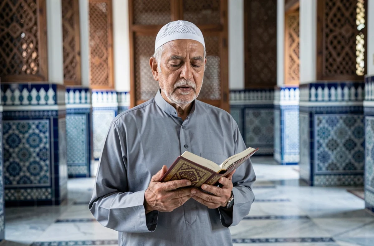 Homme âgé en tenue traditionnelle mémorisant des versets coraniques dans une mosquée ornée de carreaux bleus et blancs