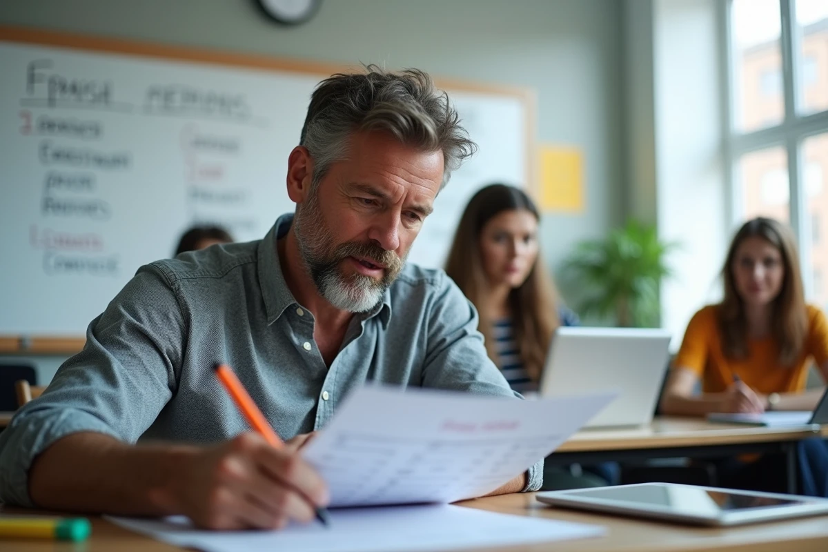 Homme étudiant la conjugaison espagnole en classe