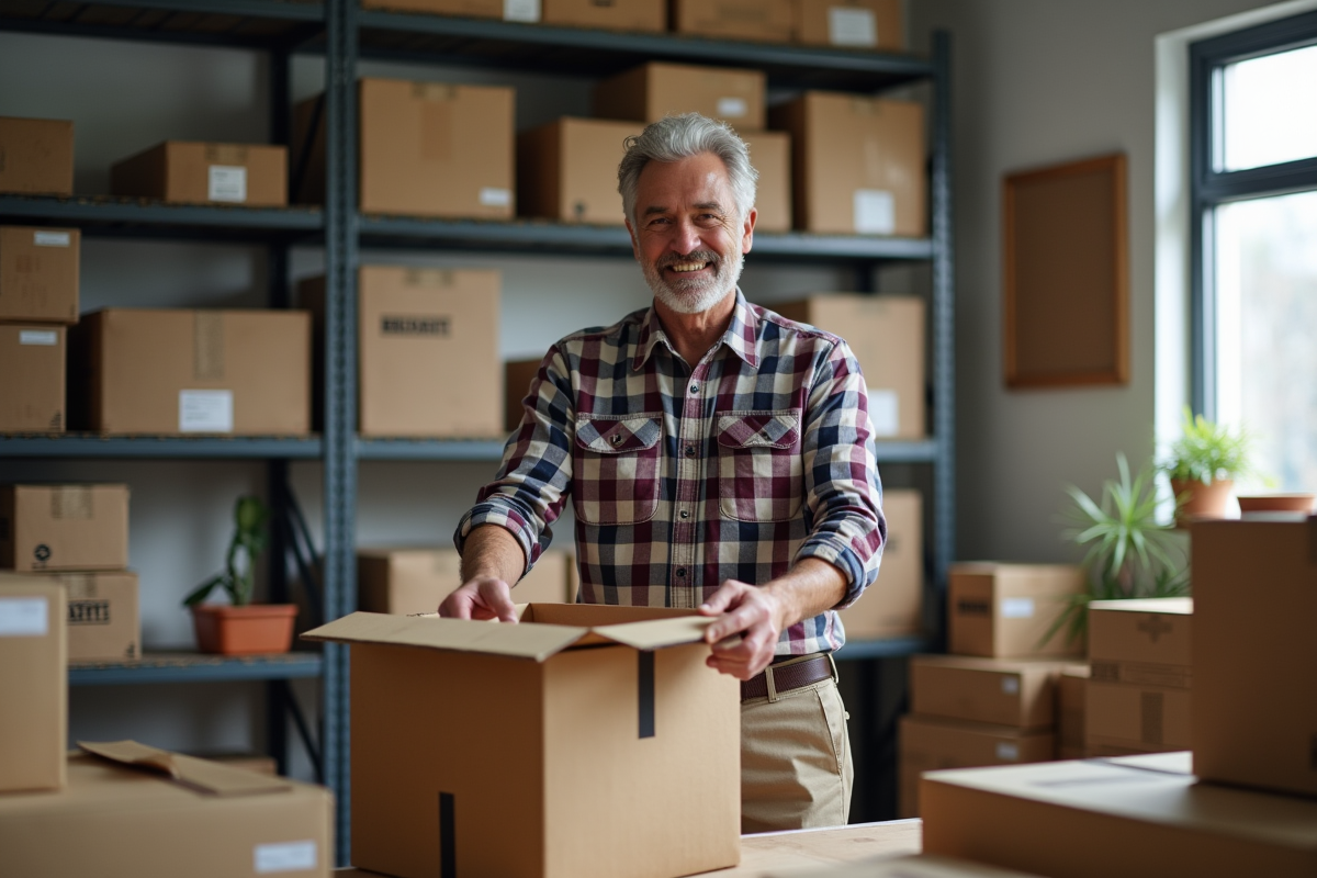 Homme préparant des cartons dans un espace de stockage pratique