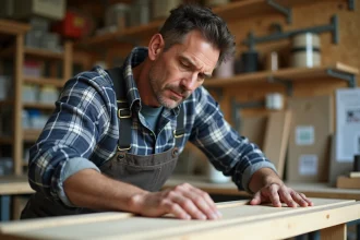 Homme d'âge moyen assemble une étagère en bois dans un atelier lumineux