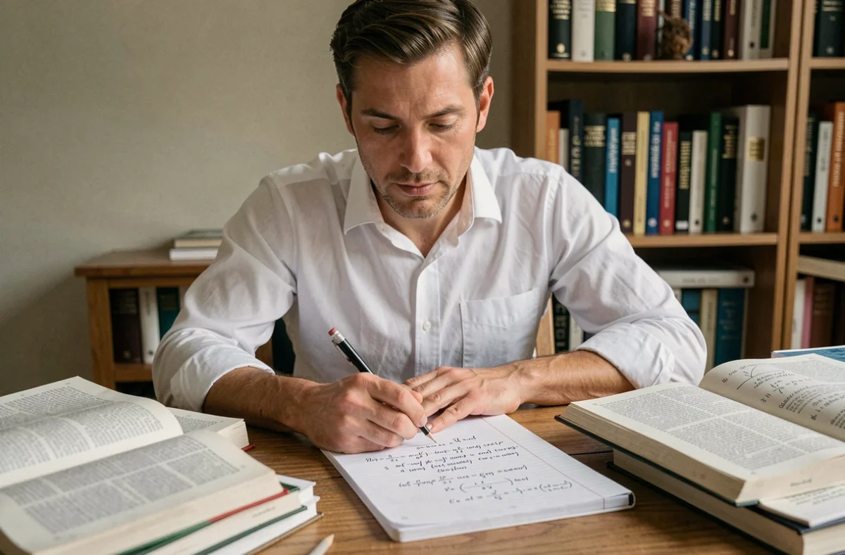Homme studieux assis à un bureau bois avec des cahiers de mathématiques ouverts sur des formules de trigonométrie sin a cos b