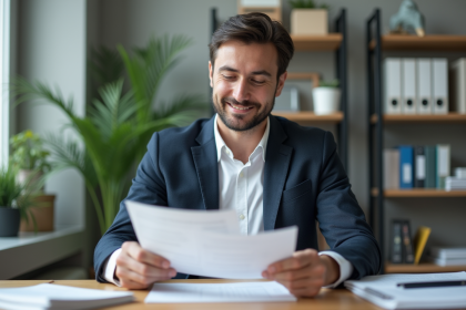 Homme d'affaires en r&eacute;union dans un bureau moderne