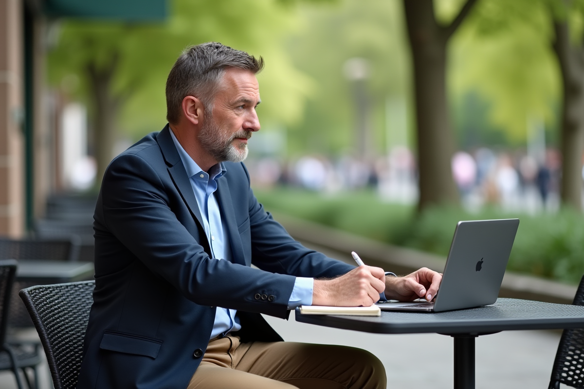 Homme en tenue décontractée pensif dans un café en plein air