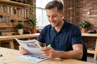 Homme consultant un catalogue de formations professionnelles CPF dans un centre de formation moderne, illustrant le choix d'une formation brico avec financement CPF