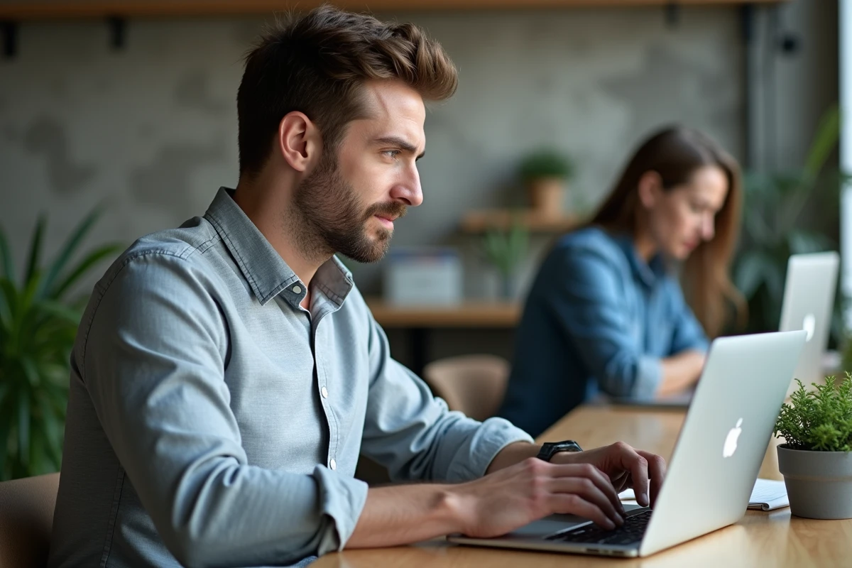 Homme consultant une fiche métier France Travail sur ordinateur dans un espace de coworking