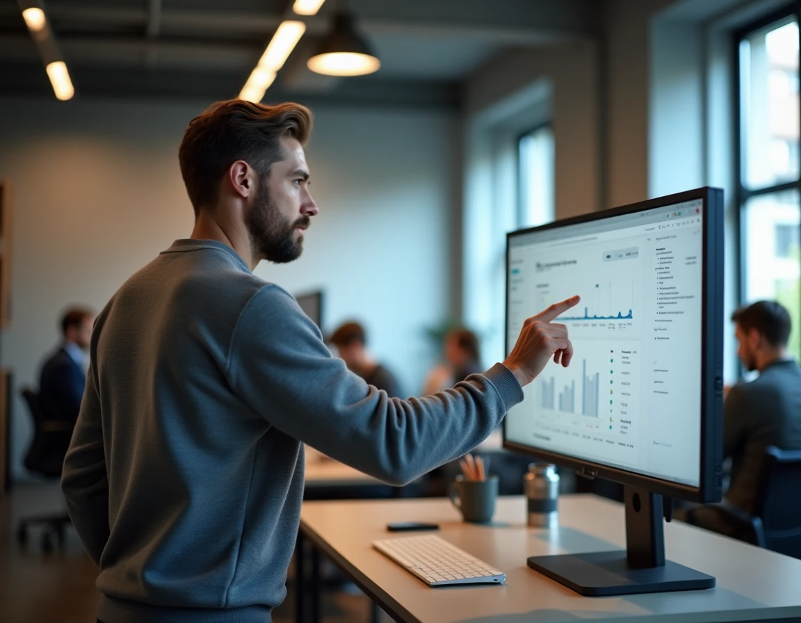 Homme debout dans un espace de coworking analysant un tableau de bord logiciel d'abonnement à une formation marketing