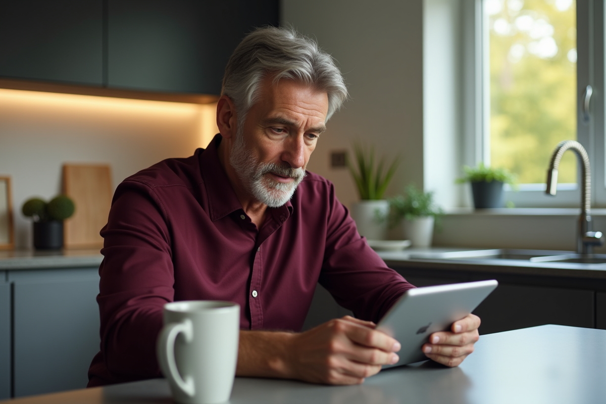 Homme en cuisine utilisant une tablette pour apprendre en ligne