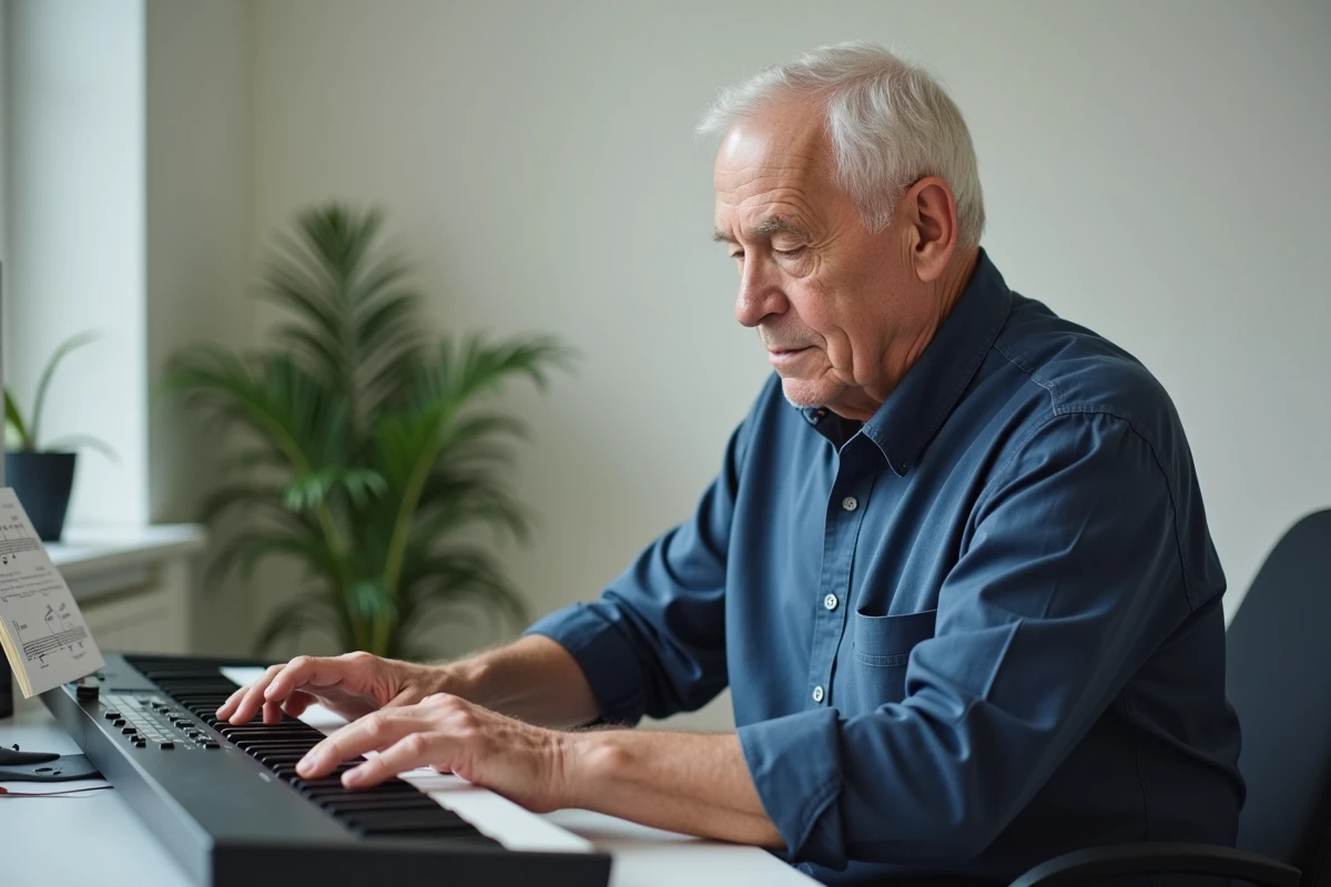 Homme âgé aux doigts raides pratiquant le piano numérique sur un bureau à domicile avec une méthode pour débutants