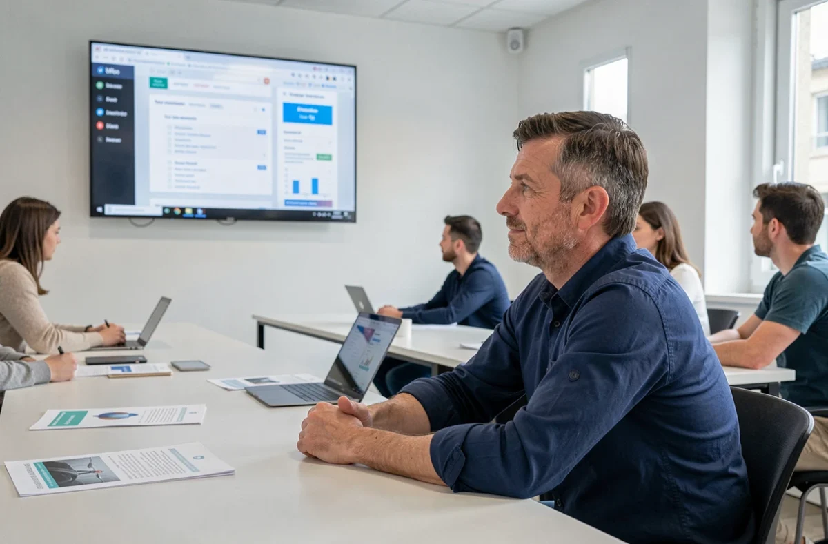 Homme adulte participant à une formation digitale en présentiel dans une salle de classe moderne à Paris