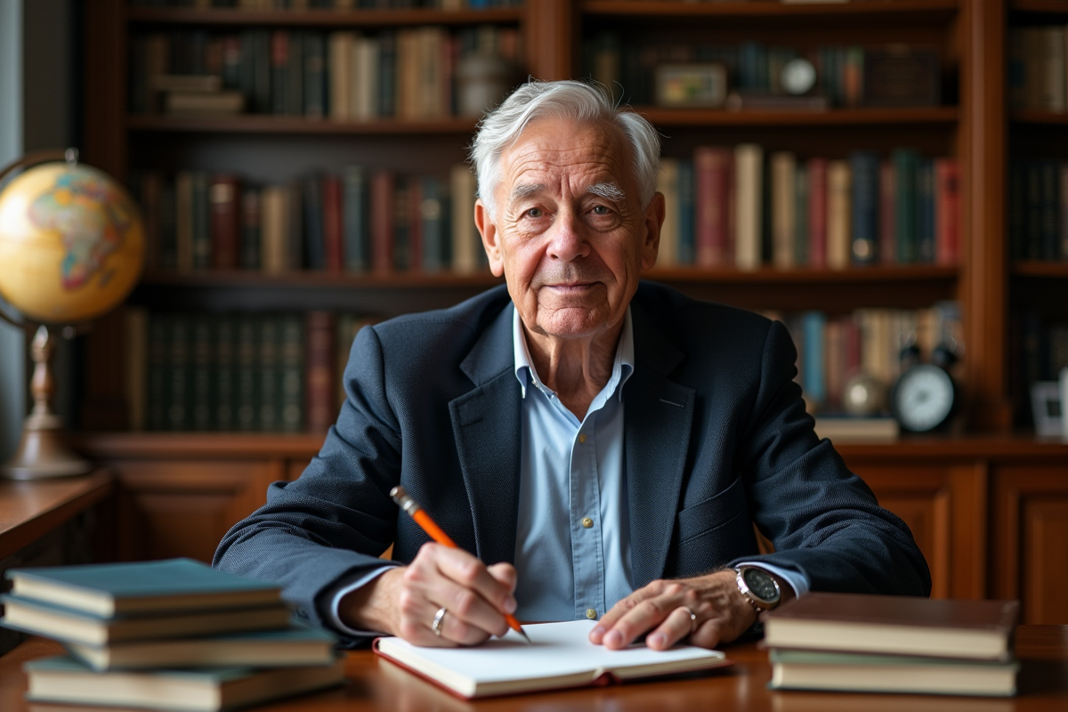 Homme âgé réfléchissant dans une bibliothèque chaleureuse