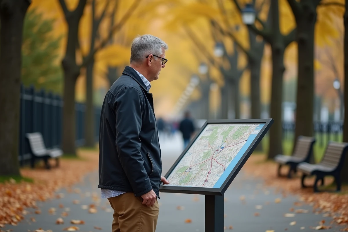 Homme étudiant un plan dans un parc urbain en automne