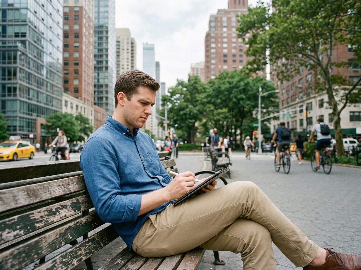 Homme sur un banc de parc urbain avec tablette en main
