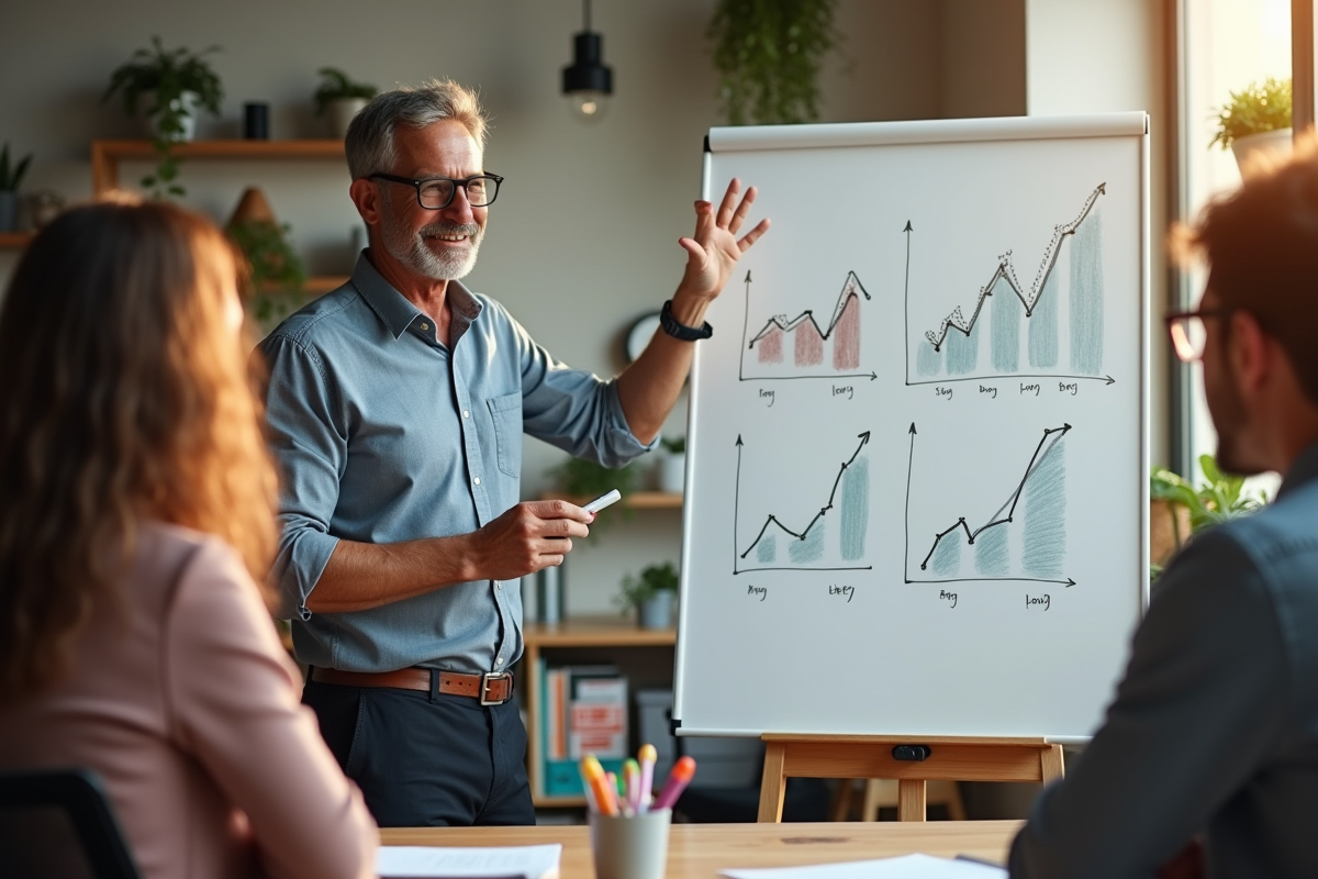 Homme en business casual présentant des graphiques à une équipe